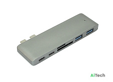 Адаптер сдвоенный Type C на USB 3.0*2 + Type C*2 + SD/TF для MacBook Серый