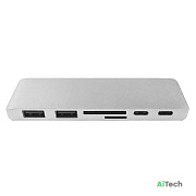 Адаптер Type C на HDMI, USB 3.0*2 + RJ45 + Type C*2 для MacBook серебристый